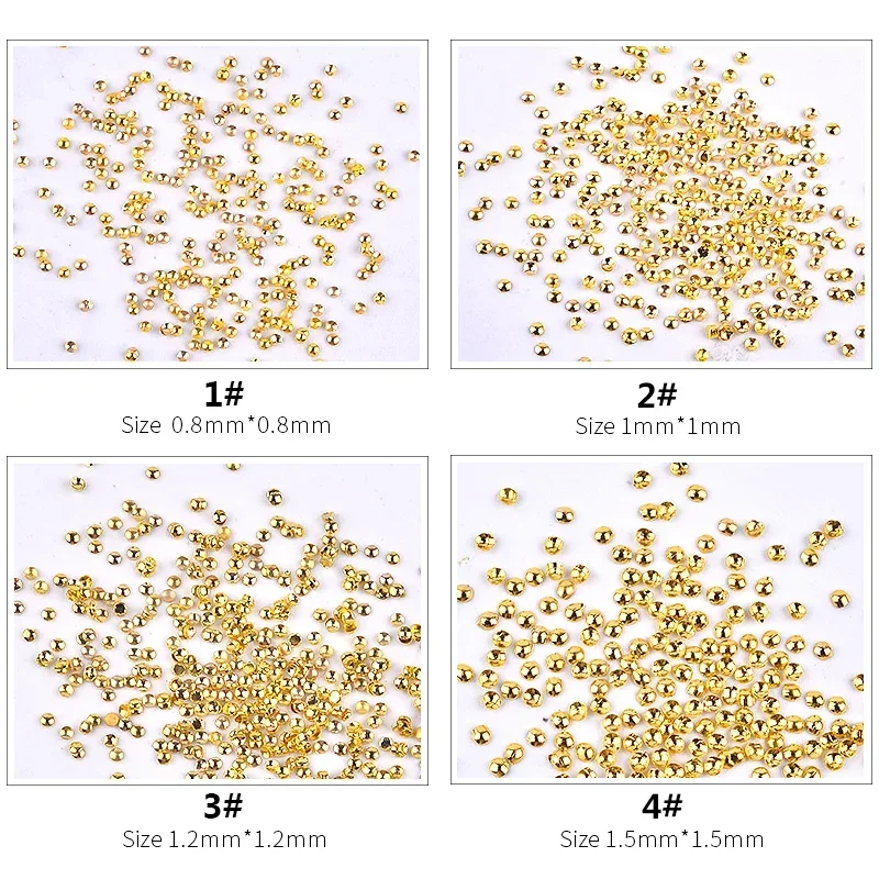 Mini Caviar Beads para Nail Art Decorações, Metade Rodada Metal Studs, Ouro e Prata, 0.8mm, 1mm, 1.2mm, 1.5mm, Aproximadamente 2000PCs