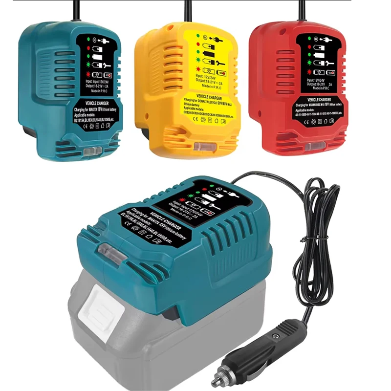 Mini Vehicle Charger for Makita/Dewalt/Milwaukee 18V Lithium Battery Portable Compact Car Charger with LED Indicators Light