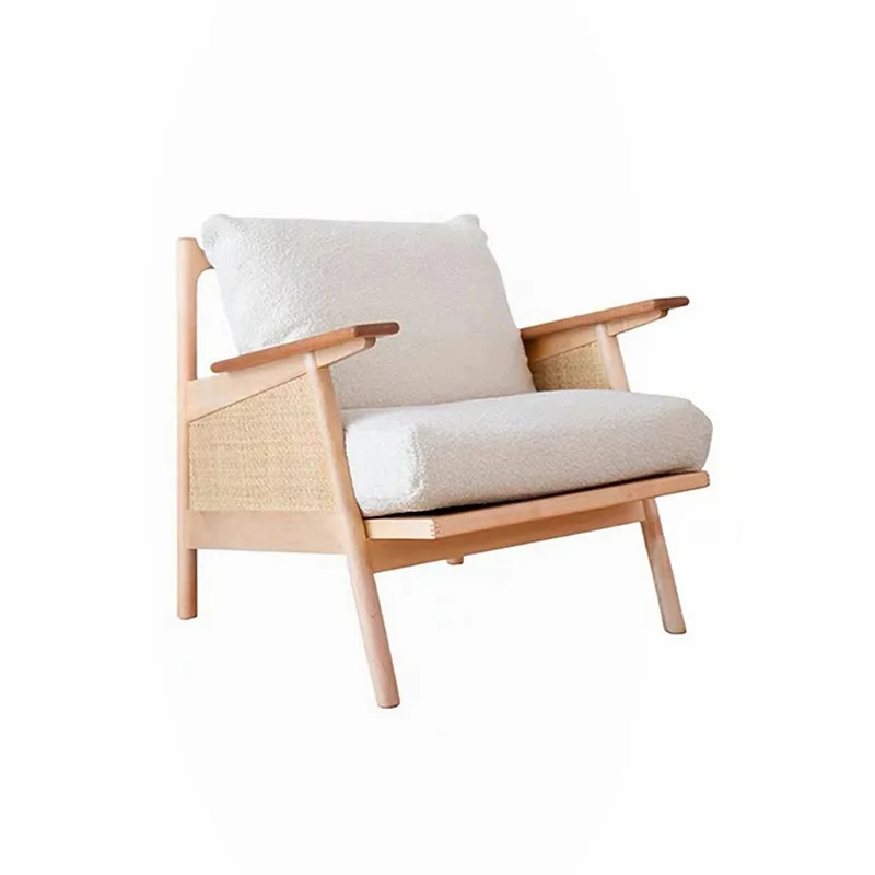 Nordic Japanese Solid Wood Sofa Chair Retro Living Room Solid Wood Single Sofa Balcony Leisure Armrest Rattan Chair