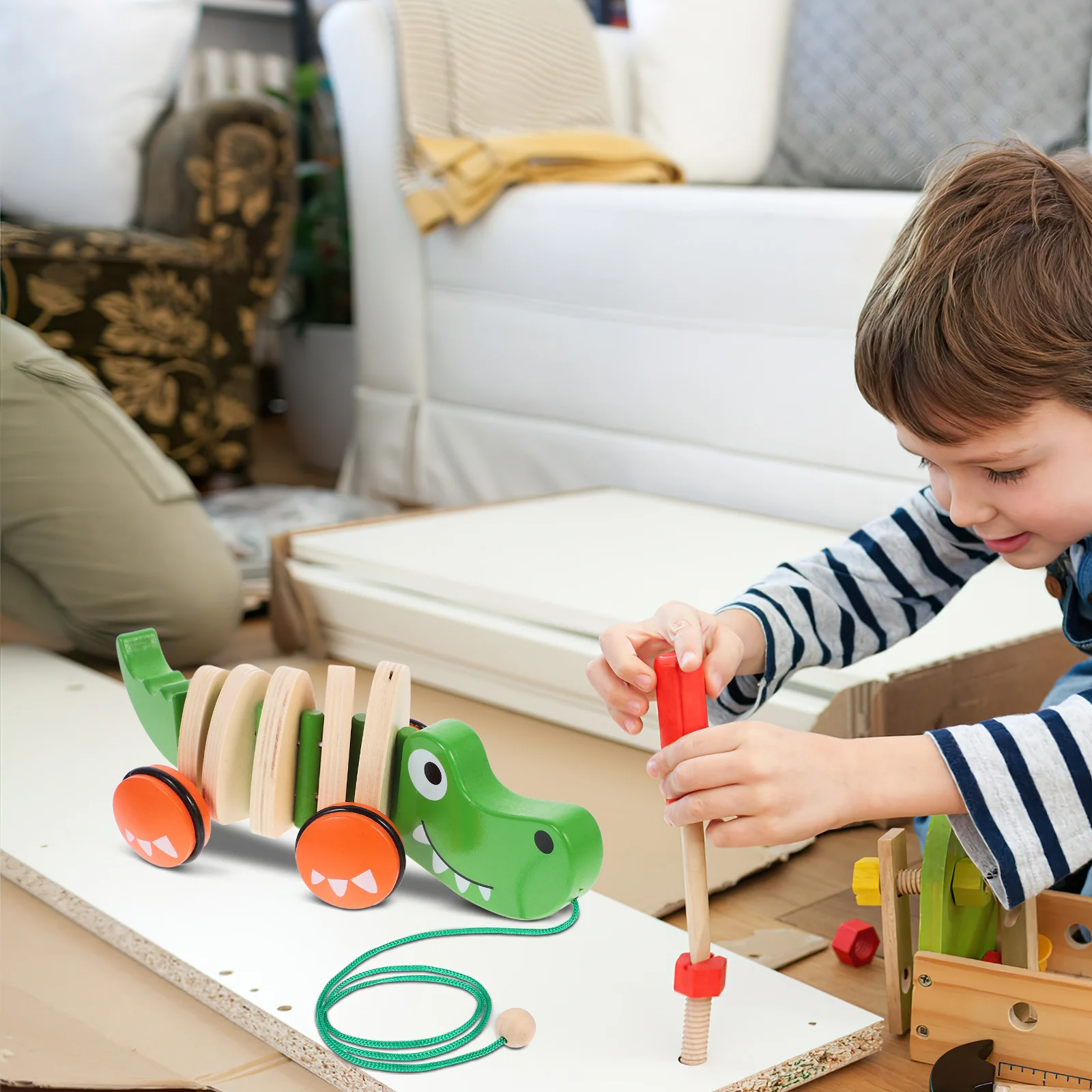Gevormde houten sleepauto met gladde afwerking, uit één stuk gegoten baby-tractieauto voor de ontwikkeling van motorische vaardigheden, kindercadeau