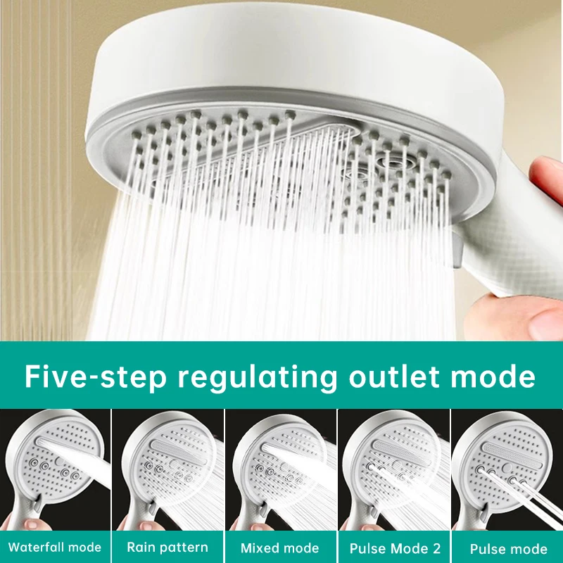 

White Shower Head High Pressure Adjustable 5 Jet Modes Showerhead Large Water Outlet Spray Shower for Bathroom Accessories