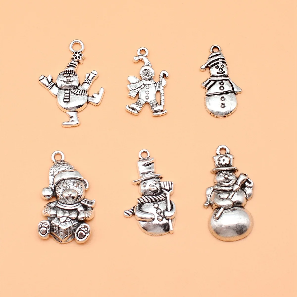 6pcs Antique Silver Color Snowman Charms Collection For DIY Jewelry Making, 6 Styles, 1 of Each