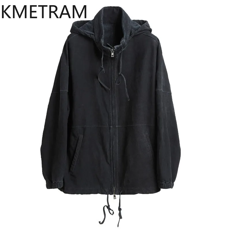 KMETRAM Vegetable Tanned Suede Sheepskin Leather Jacket Woman Genuine Leather Coat Vintage Hooded Jackets of Woman Casual 자켓