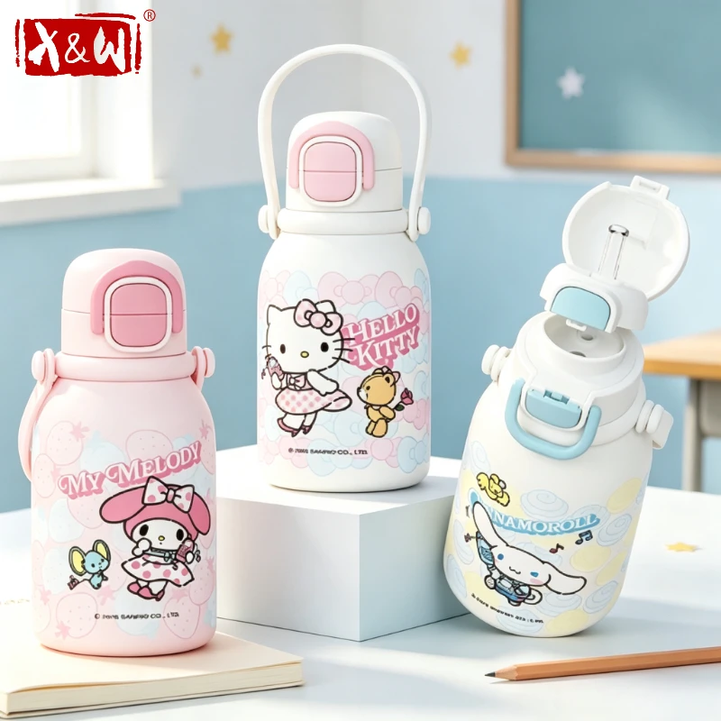 X&W Sanrio Hello Kitty Thermos Cup 316 Stainless Steel Dual‑Drink Straw Cup Tumbler Removable Carry Handle Student Drinkware