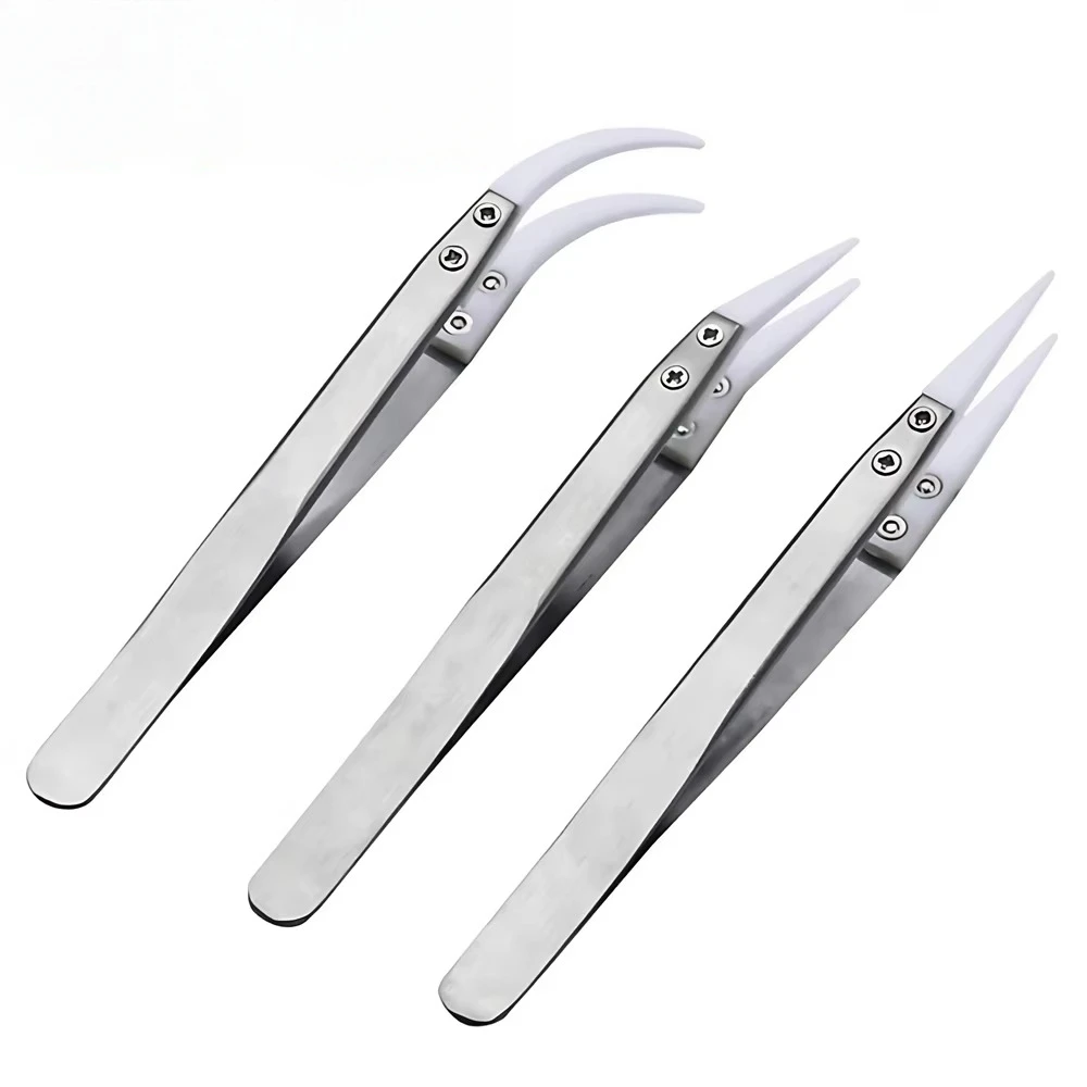 3pcs Non-Conductive Precision Ceramic Reverse Solder Tweezers Anti-Magnetic Pointed and Curved Tips Tweezers Set
