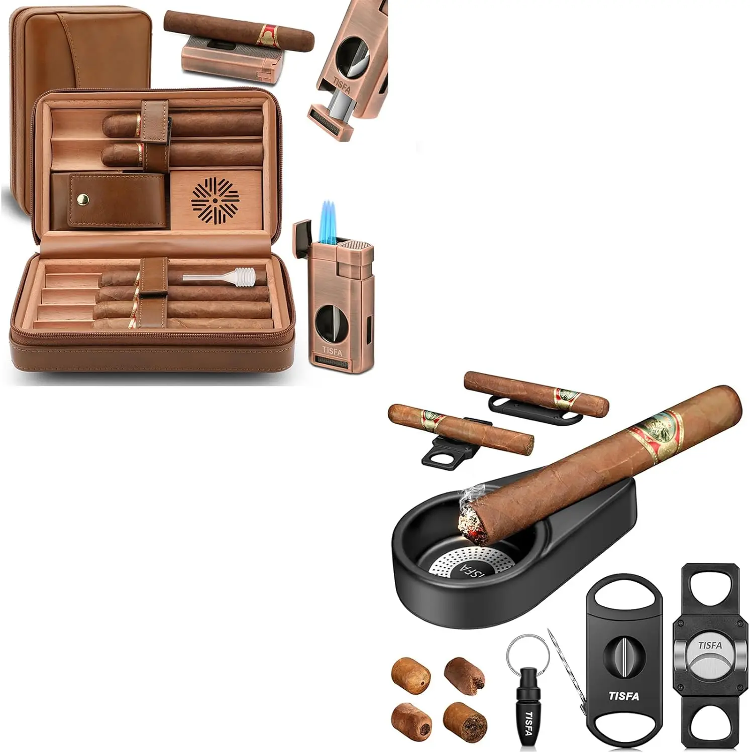 

Премиальный кожаный футляр-хьюмидор для сигар с набором: пепельница и зажигалка, для путешествий