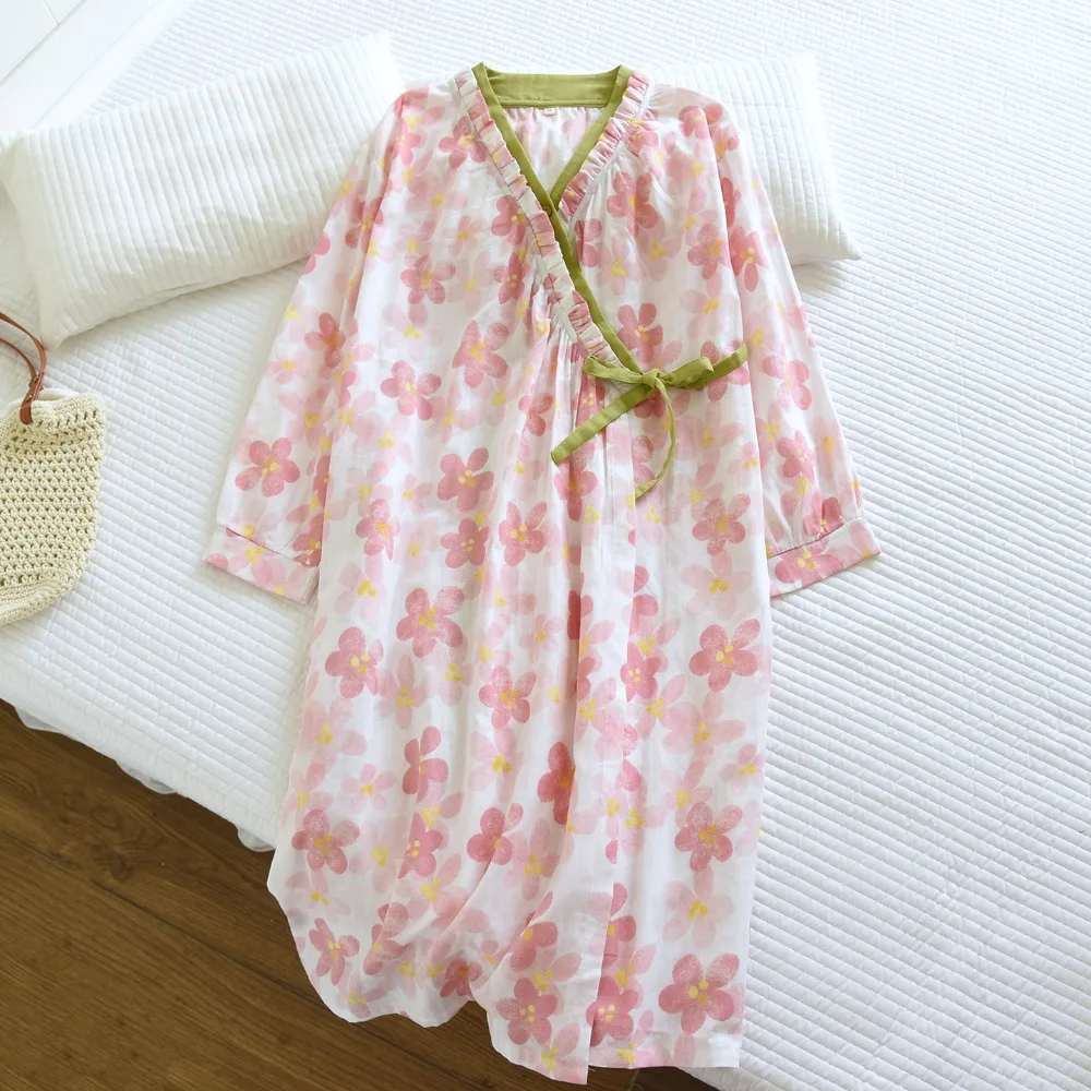 

Pure Cotton Floral Robes For Woman Nightwear Sleepwear Soft Loungewear For Spring Autumn New Long-Sleeved Bathrobe Sleep Robe