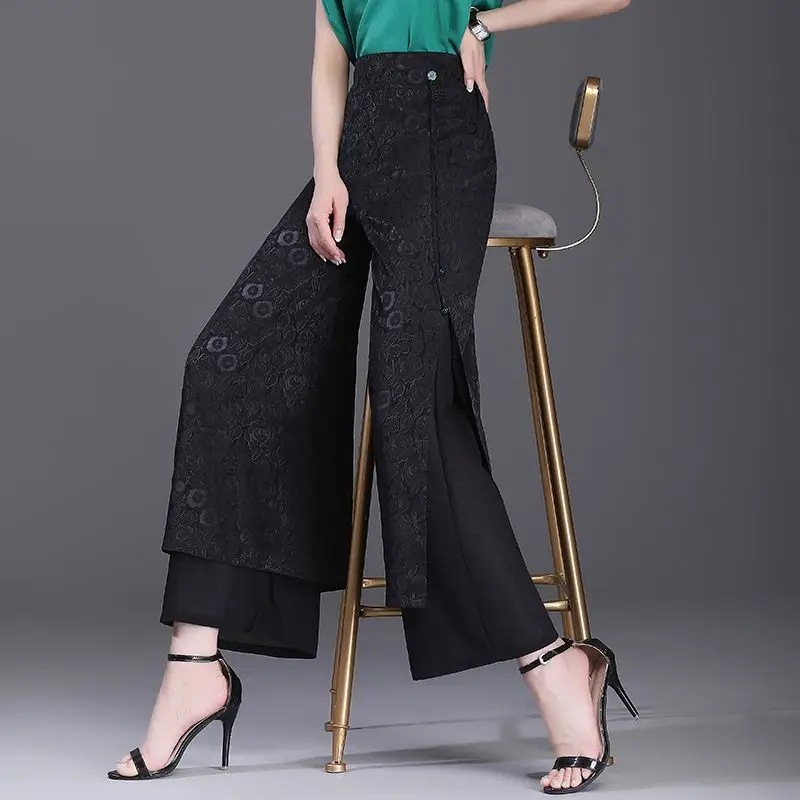 Fashion Elastic Vintage Floral Lace Up Fake Two Pieces Pants Women\'s Clothing 2024 Summer New Loose Office Lady High Waist Pants