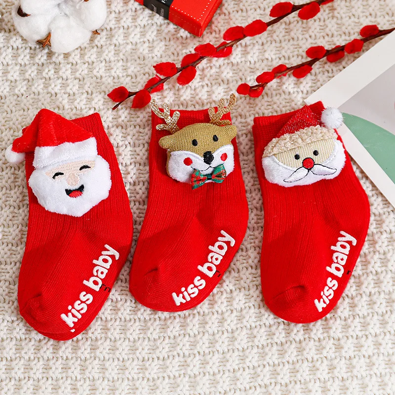 

Red Christmas Socks Baby New Year Clothes Santa Claus Xmas Tree Reindeer Doll Decor Winter Warm Kids Non Slip Floor Sock 0-3Year
