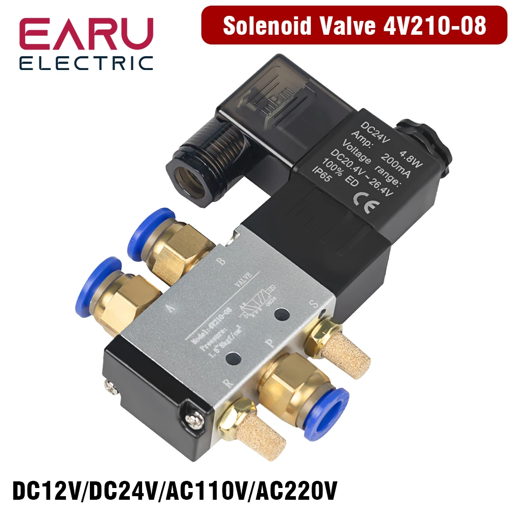 Pneumatic Electric Solenoid Valve 4V210-08 5 Way 2 Position Control Air Gas Magnetic Valve 12V 24V 220V 4mm-12mm Hose Fittings