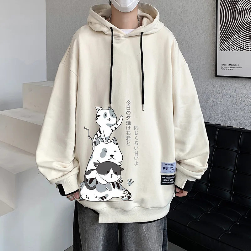 New Men\'s Cartoonl Anime Cat Sweatshirt Foam Print Couple Hoodie Long Sleeve Loose Japanese Harajuku Street Boy Pullover Sweater