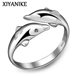 XIYANIKE Silver Color Jewelry Open Happy Double Dolphin Love Rings For Party Women Gift Adjustable Ring Anillos Bague VRS2196