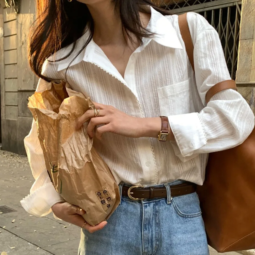 

Chic Long Sleeve Women's Shirt Single Button Embroidered Texture Versatile Floral Lace Casual Loose Fit Breathable Polye...