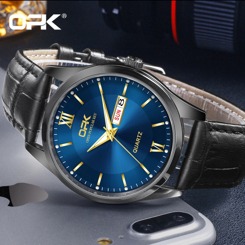 ساعة مضيئة بسيطة للرجال OPK ، حزام العلامة التجارية ، تقويم مزدوج ، زوجين ،