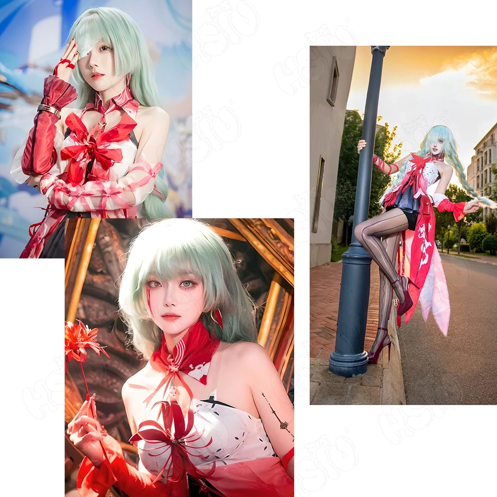 Peruka Cosplay Phrolova, peruka syntetyczna z włókna 「HSIU」95CM, długa peruka w kolorze niebiesko-szarym z mieszanką szarości i różu + czepek pod perukę, peruka cosplay z gry Wuthering Waves