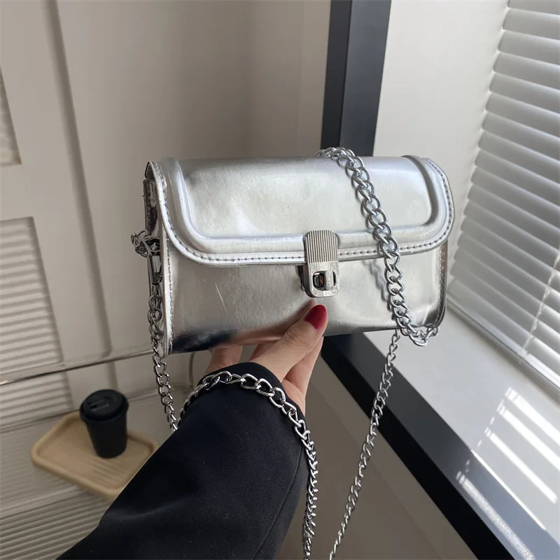 2024 pure color PU fashion metal buckle chain single shoulder crossbody small square women's bag