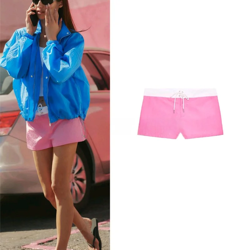 

Summer New Casual Style Mid-Waist Color Block Bow Tie Straight Leg Short Pants Women's Fashion Polyester Fiber Shorts