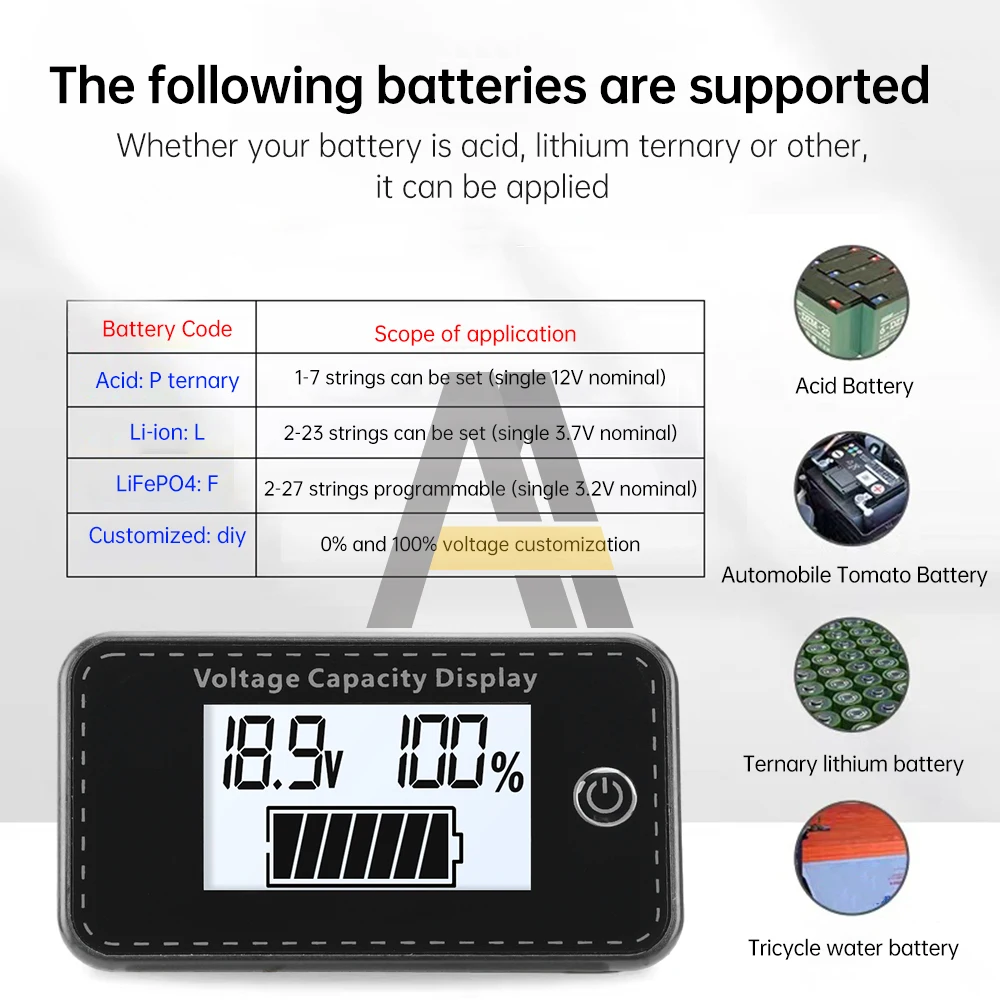 LCD Digital Display Voltmeter DC 5-100V Car Battery Level Indicator with reverse connection protection for lead-acid/lithium