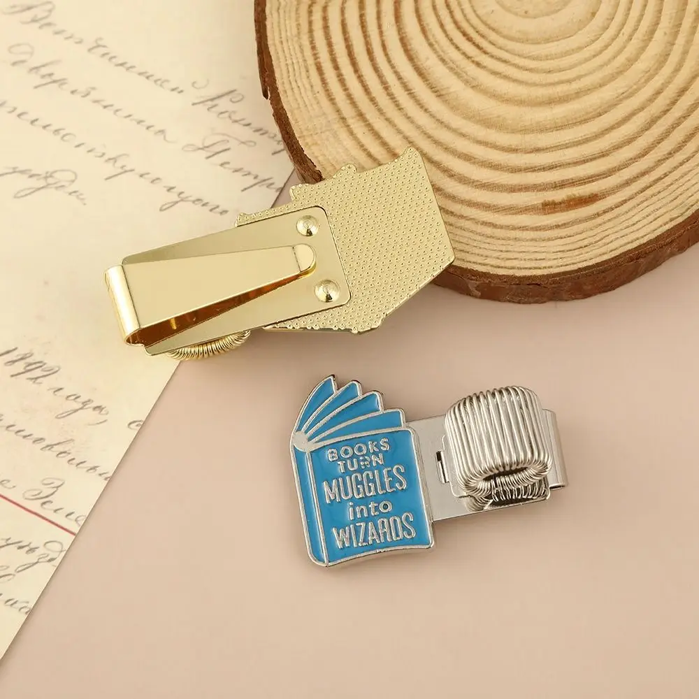 Multi-functional Metal Pen Clip Book Shaped Elastic Spring Pen Keeper with Pen Loop Bookmark Stationery Accessory