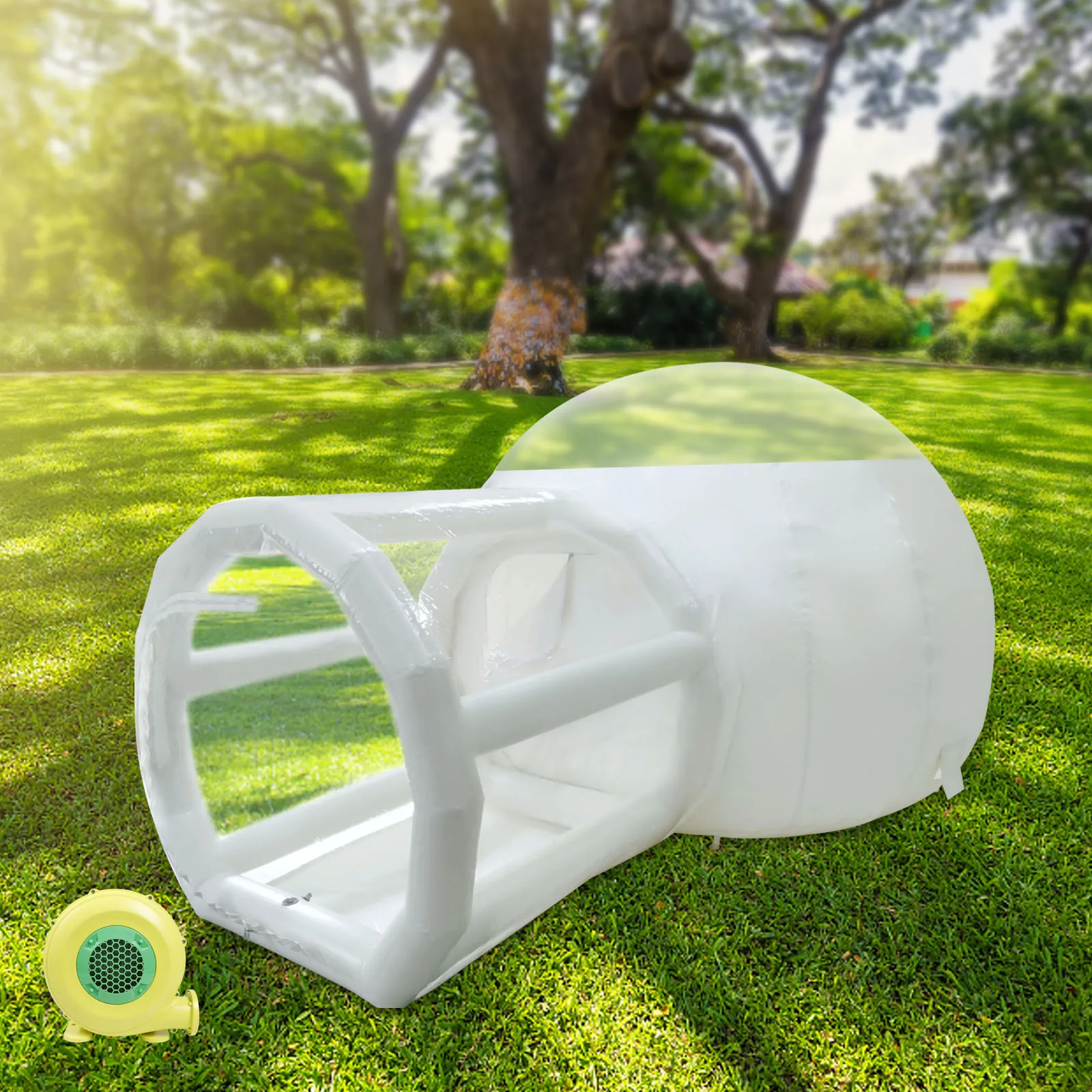 3+2m opblaasbare bubbeltent (semi-transparante hoofdkamer) |   2-3 personen, met ventilator, 110V 350W, IPX3 waterdicht voor kamperen Stargazi