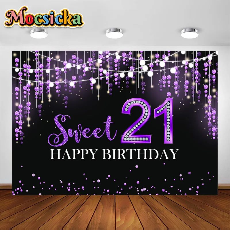 

Mocsicka Sweet 21st Happy Birthday Photography Backdrop Bright Sparkling Lamp String Diamond 21 Photo Background Photozone Kits