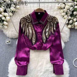 OCEANLOVE Beading Women Shirts&blouses Contrast Color Palace Style Sequins Vintage Blusas Feminina Spring Autumn Camisas