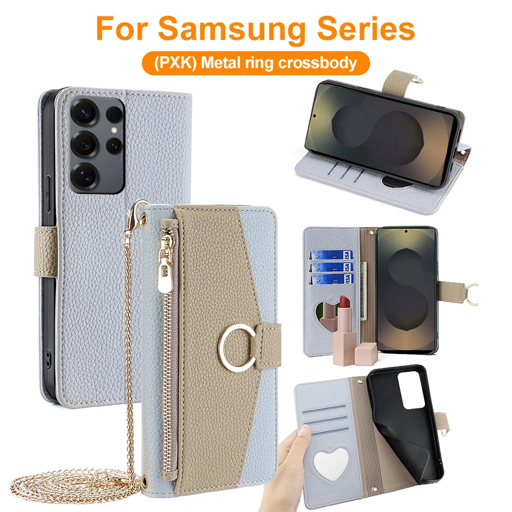 Crossbody Wallet Case For Samsung Galaxy S26 S25 Ultra S24 Plus S23 Fe A57 A56 A37 A36 A17 A16 A55 Flip Mirror Cover With Met