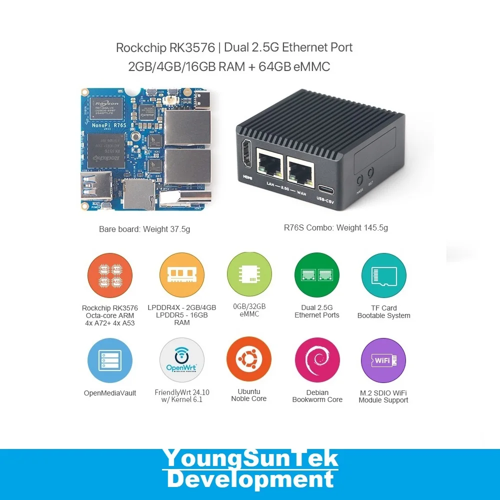 NanoPi R76S (4G LPDDR4X & 64Gb eMMc) YounSunTek,RK3576,4xA55+4xA76 Cortex,Duoble 2.5G LAN,HDMI,AI,M.2Wifi,OpenMediaVault