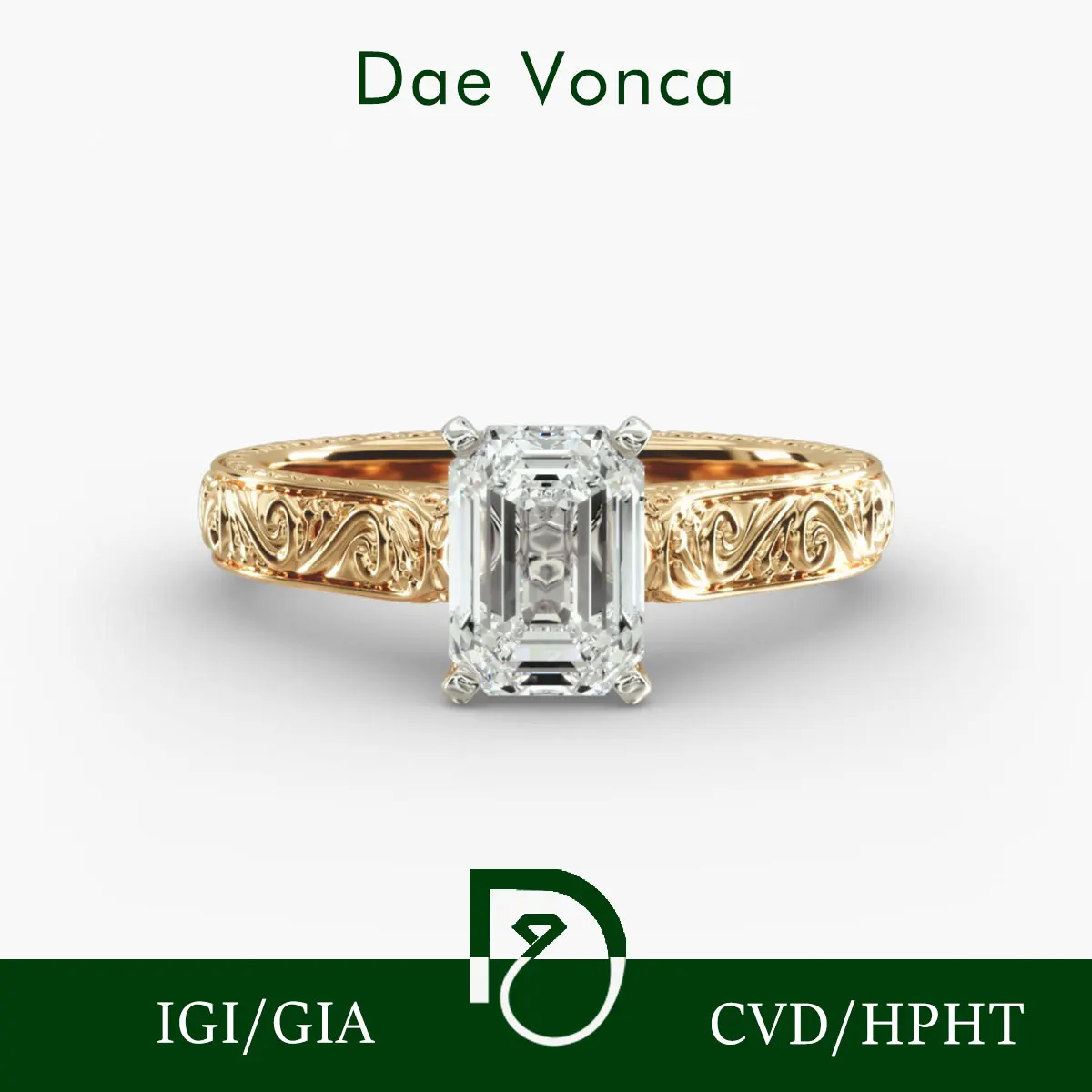 Emerald Cut Diamond Solitaire Ring 14K Yellow Gold 1.0-2.0ct Lab Grown Diamond Hand Engraved Genuine Diamond Ring For Women