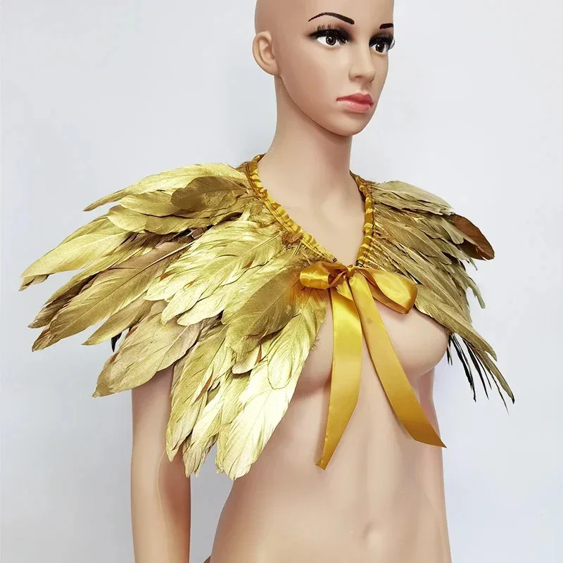 Gothic Victorian Shrug Shawls Golden Fake Collar Goose Feather Shoulder Wrap Cape Ribbon Trims Cosplay Part NM35 - view 4