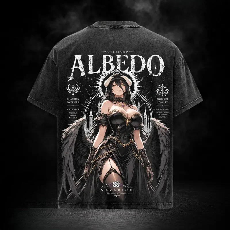 Overlord Albedo Graphic T Shirt Men Women Short Sleeve Clothing Casual Cotton Tshirt Vintage Washed T-shirt Anime Streetwear