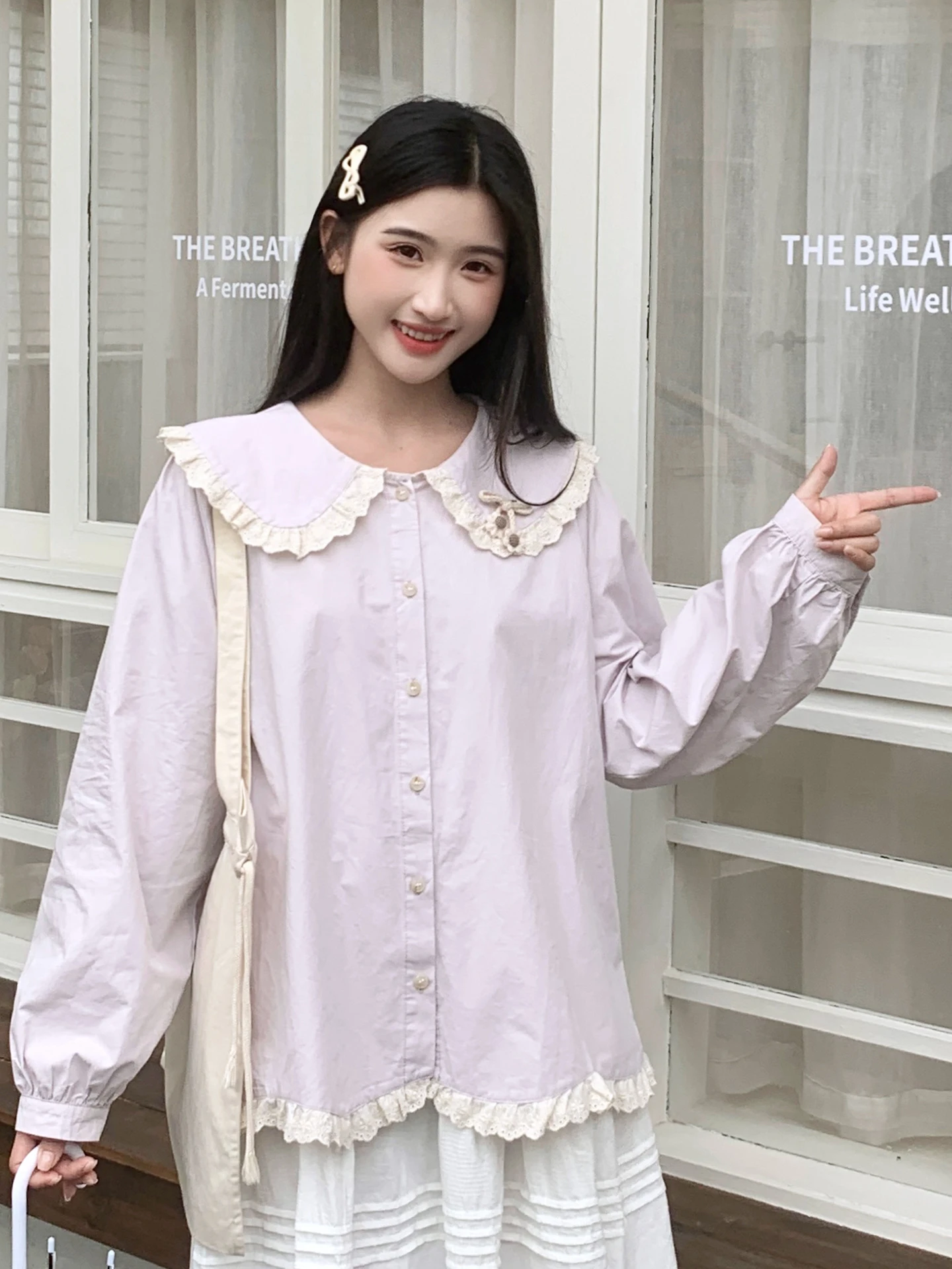 

Unique Purple Doll Collar Long Sleeve Shirt Women's Style Sweet Japanese Spring Cotton Polyester Blend Breathable Comfortable