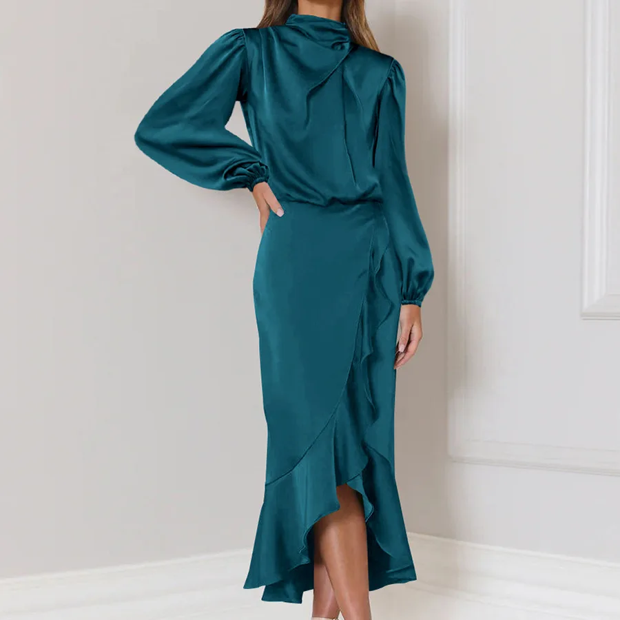 

Women Party Ruffle Fishtail Long Dress High Quality Satin Long Sleeve Loose Fit Dress Autumn Fashion Women Evening Elegant Dress