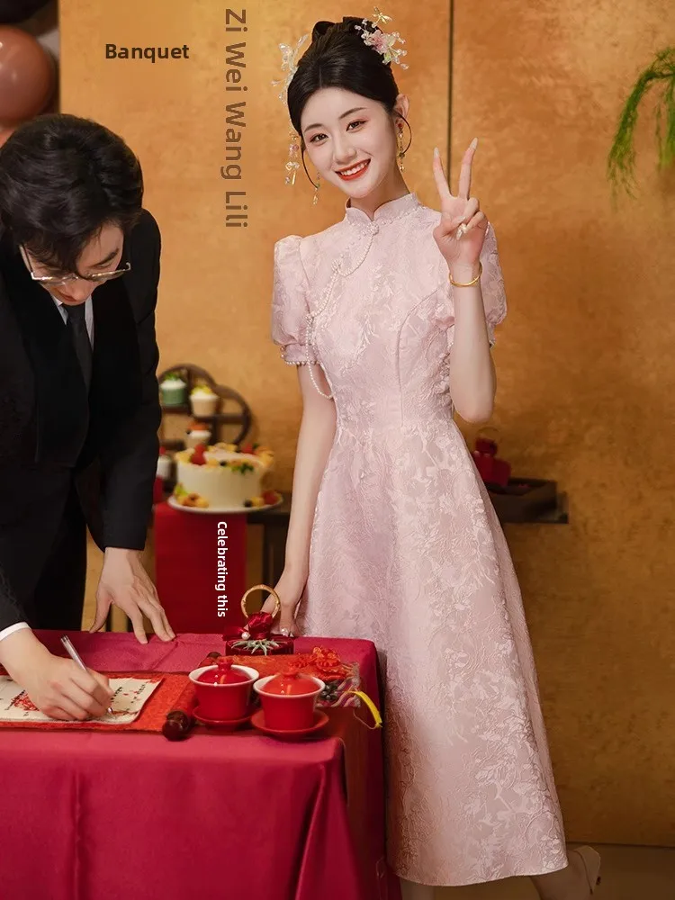 

Розовое свадебное платье Dr Ele для взрослых, новое, в китайском стиле, с коротким рукавом, с завышенной талией, А-силуэт, юбка миди