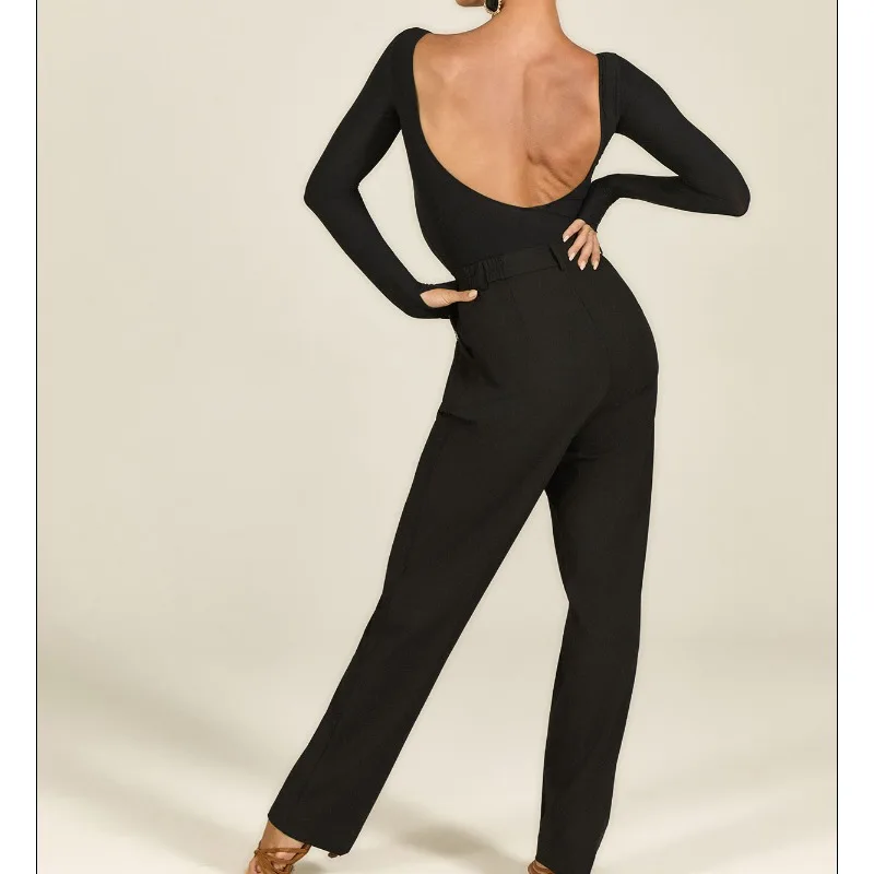 فستان ممارسة لاتيني حديث مخصص من TDANCE [ياقة سفينة وأكمام طويلة] مع وسادة صدر أساسية متعددة الاستخدامات للنساء GL-219