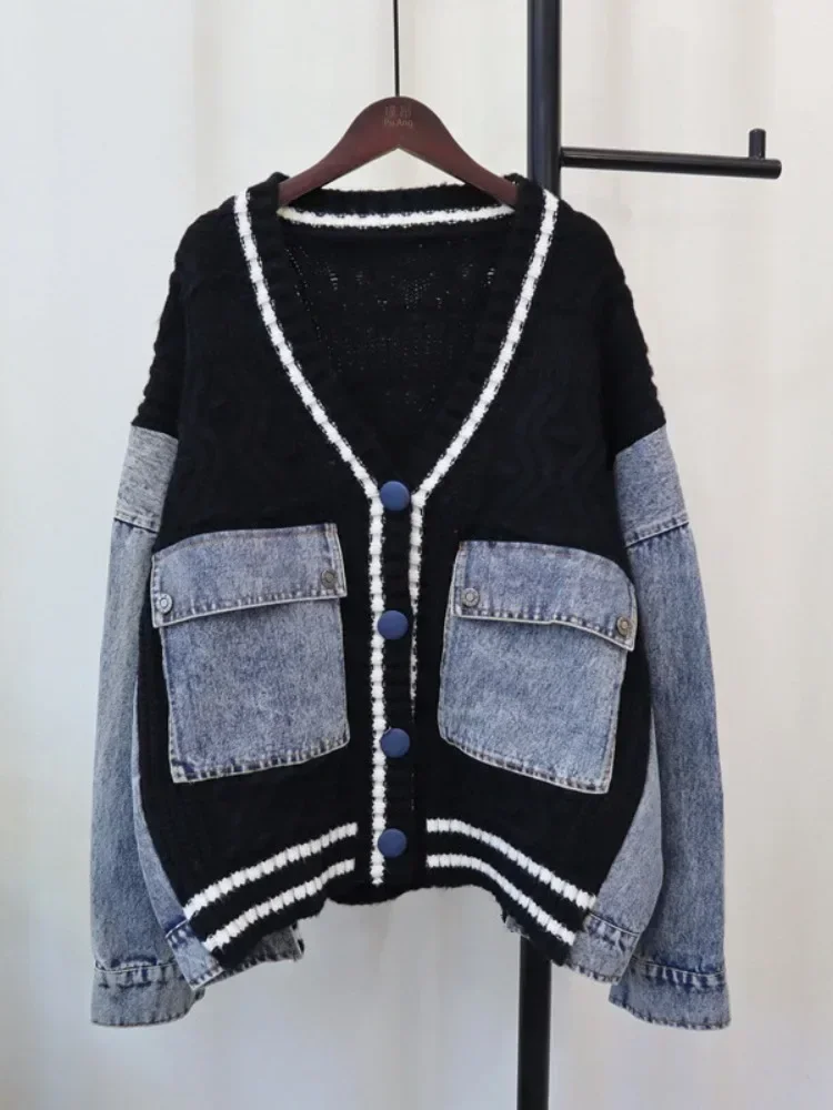 Contrast Denim Outerwears V-Neck Long Sleeve Ropa Mujer 2024 Loose Woman Cardigans Autumn Winter Double Pocket Sweater