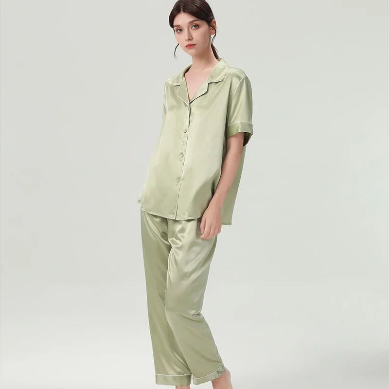 

19 мм 100% шелковые брюки с короткими рукавами, комплект из двух предметов, женская пижама, ночная рубашка, осенний однотонный кардиган, пижама, ночная рубашка