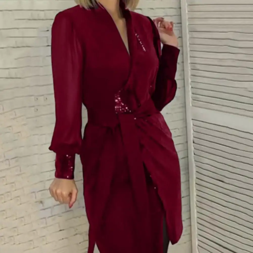 

Commuting Dress Elegant V Neck Sequin Mesh Patchwork Midi Dress With Lace-up Detail Slim Waist For Formal Business Style Knee