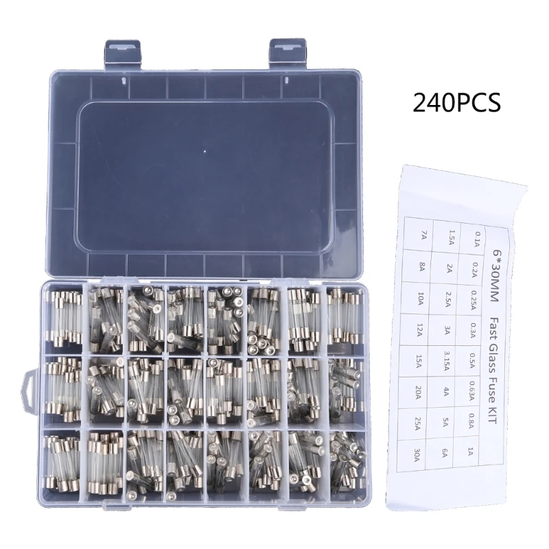 240pcs Glass 6x30mm 0.1A 1A 2A 3A 4A 5A 6A 8A 10A 15A 20A 25A 30A Fuses