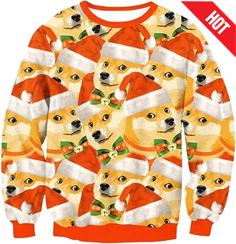 Fashionable 2025 Ugly Christmas Sweater Funny Christmas Cat Dog Pattern Sweatshirts Men Cosplay Pullover Boys Crew Neck Sweaters