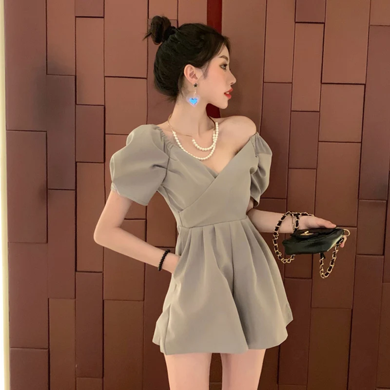 

Summer Fashion Women Playsuits 2023 New Sexy V-neck Puff Sleeves Chic Bodysuits A Line Wide-leg Jumpsuits Solid Color Romper
