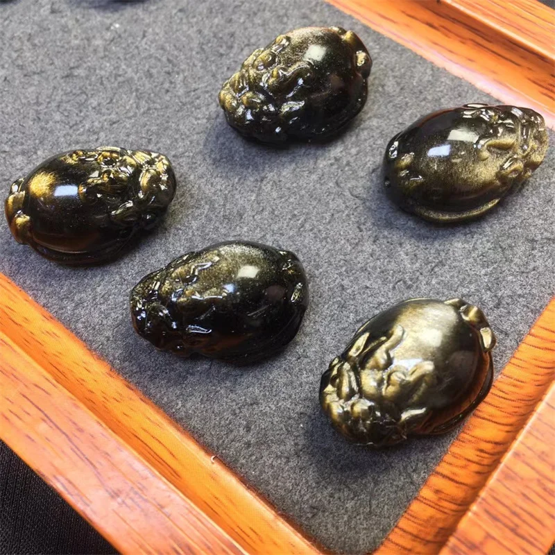 10pcs Natural Gold Obsidian Dragon Turtle Carving Crystal Crafts Energy Gemstone DIY Pendant Healing Jewelry Gift 24X17mm