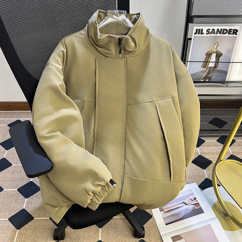 

Winter Standing Collar Cotton Jacket For Men Solid Color Simple Splicing Thick Coat Korean Casual Fashion Loose Male Jackets