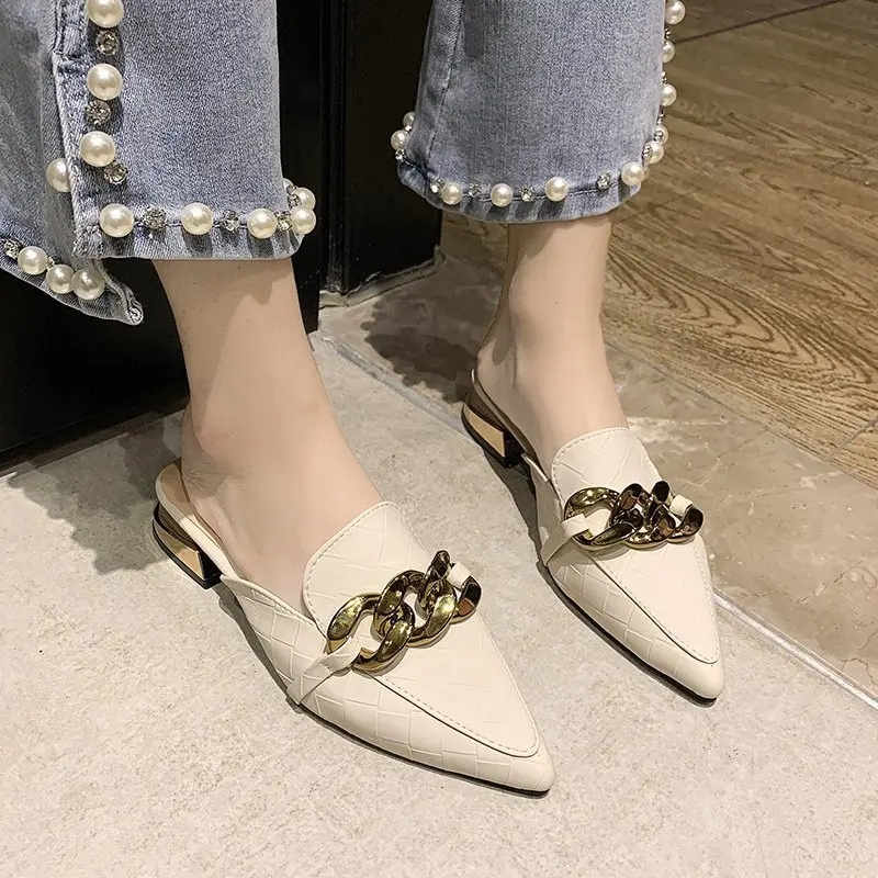 Low Slippers Casual Female Shoes Square heel Pointed Toe Mules For Women 2024 Rivet Shallow Slides Luxury New Block Cover Soft H