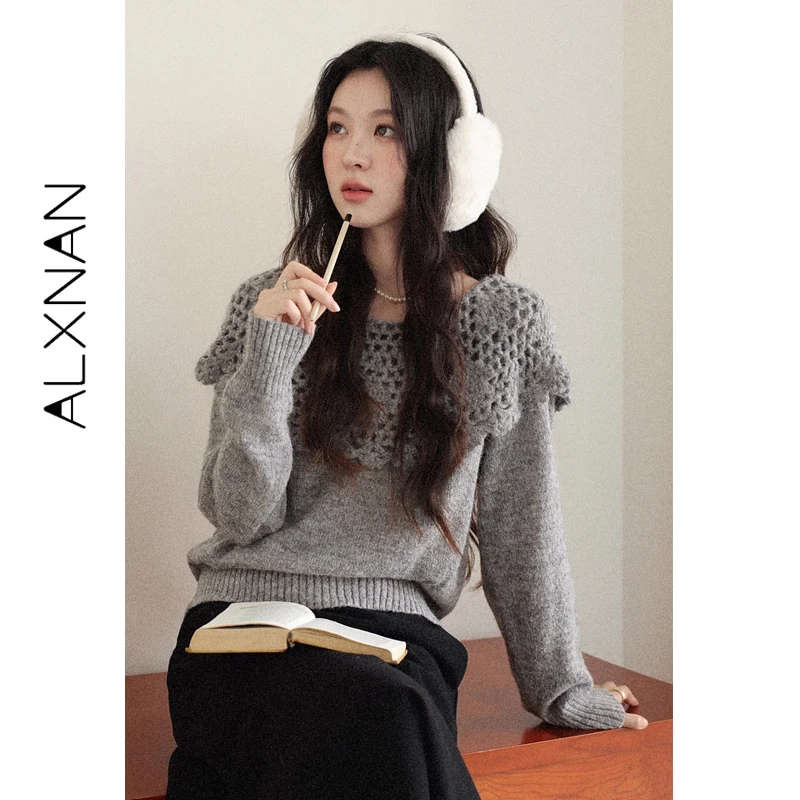 

ALXNAN Gray Knit Pullover Women Fall Winter 2025 Short Sweater Coat Chic Cold-Shoulder Long Sleeve Outwear Knitwear Tops L59513