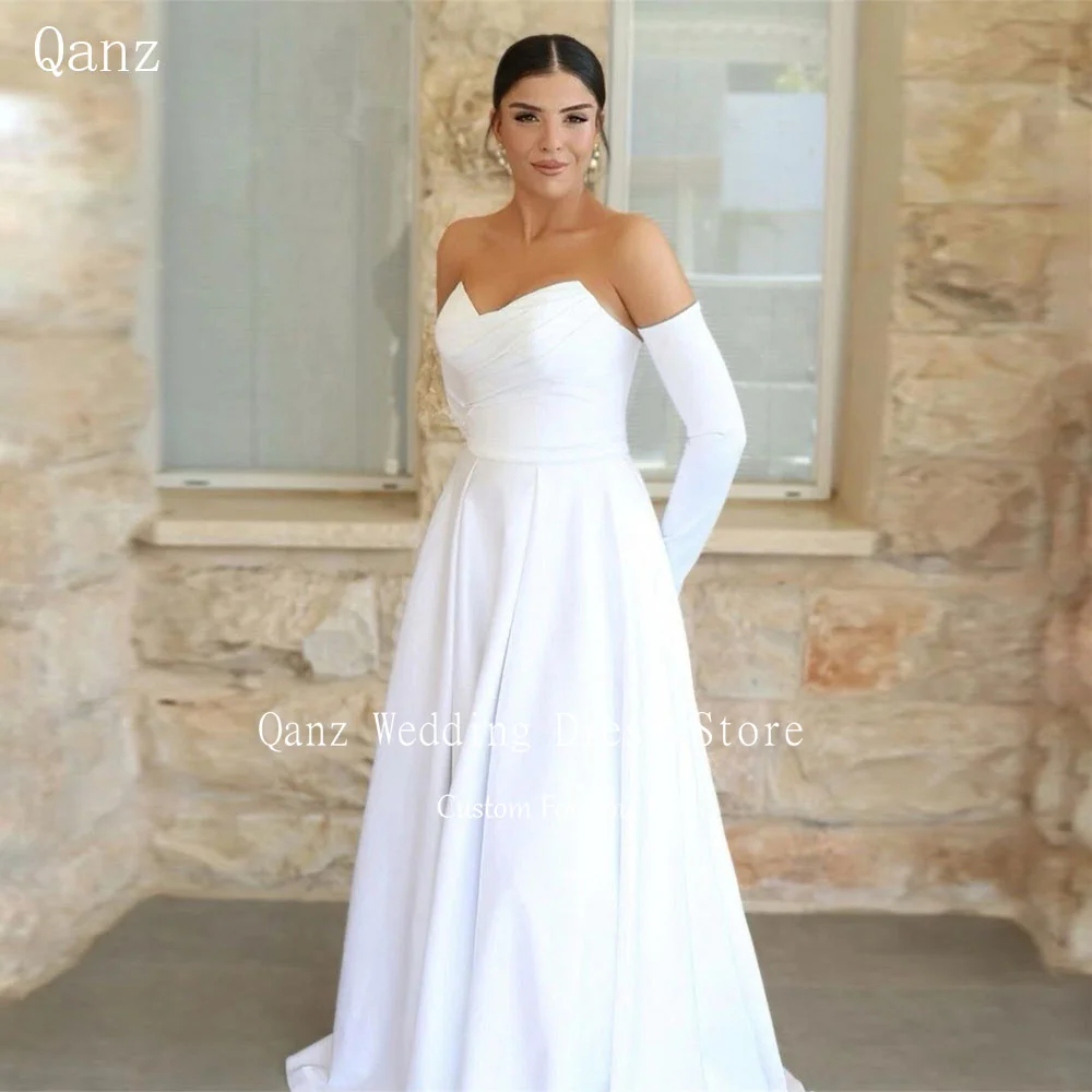 

Qanz Satin Women Wedding Dresses Detachable Sleeves Lace Up Back Vestidos De Novia Long A Line Robes De Mariée High Quality