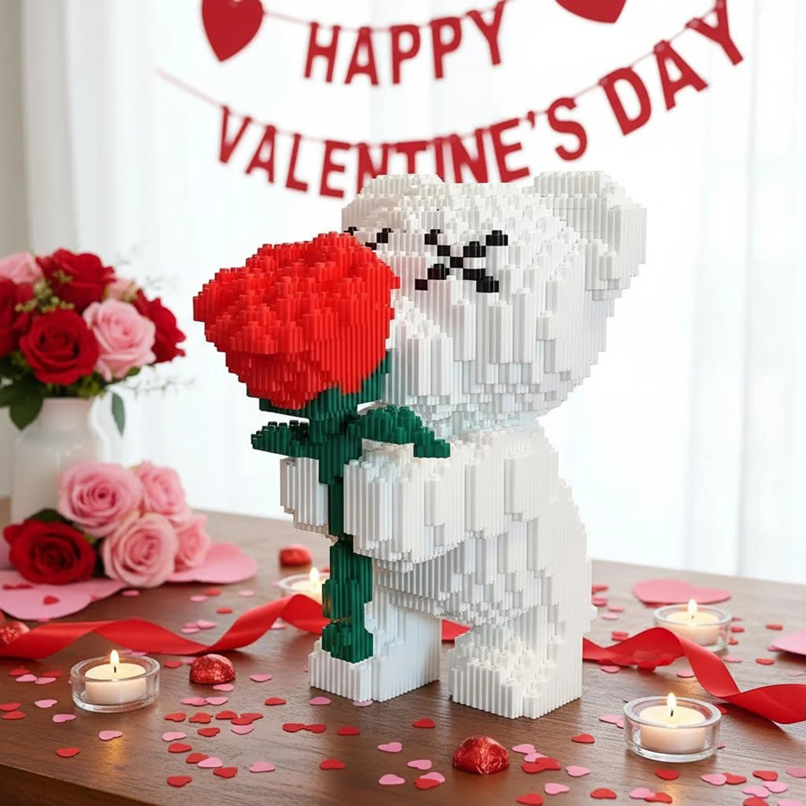 

Набор для сборки 3D-медведя из микро-блоков DIY: игрушка-медведь с розой, подарок для детей и пар, украшение для рабочего стола и дома