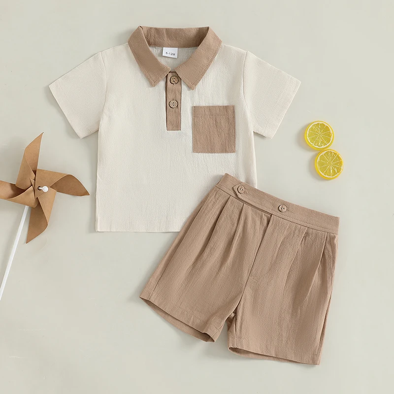 Infant Summer Clothes Set with Contrast Color Button Down Collar Shirt and Shorts for Toddler Baby 2 Piece Outfit