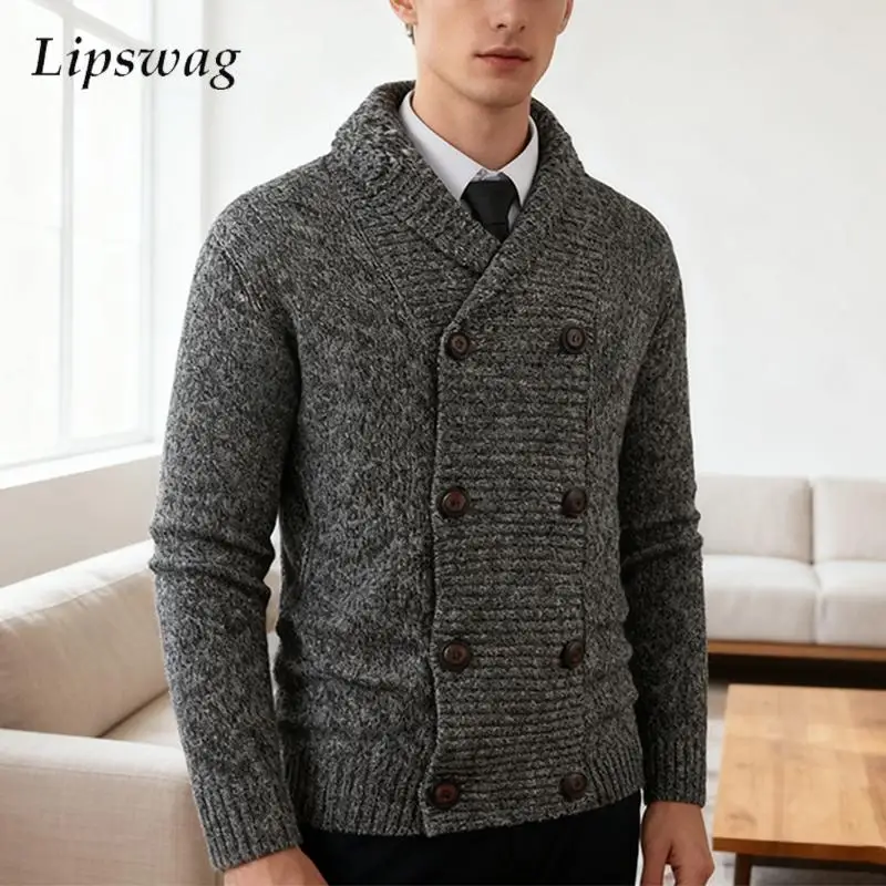 

Fall Winter Outerwear Mens Knitting Sweater Jacket Coat New Casual Lapel Double-breasted Jackets Men Fashion Knit Cardigans