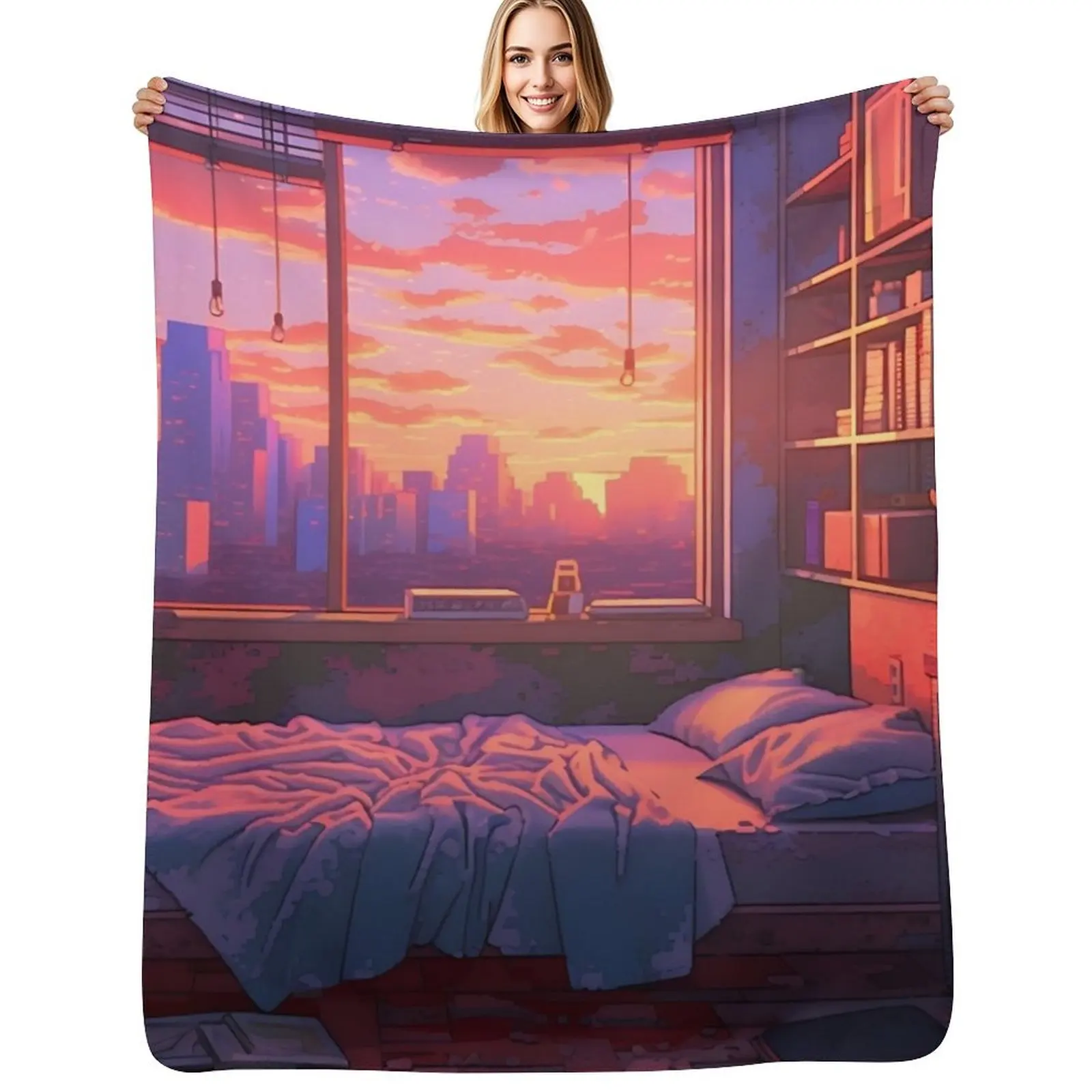 

Lofi Aesthetic - A messy bedroom at sunset Throw Blanket anime manga warm winter Sofa Blanket
